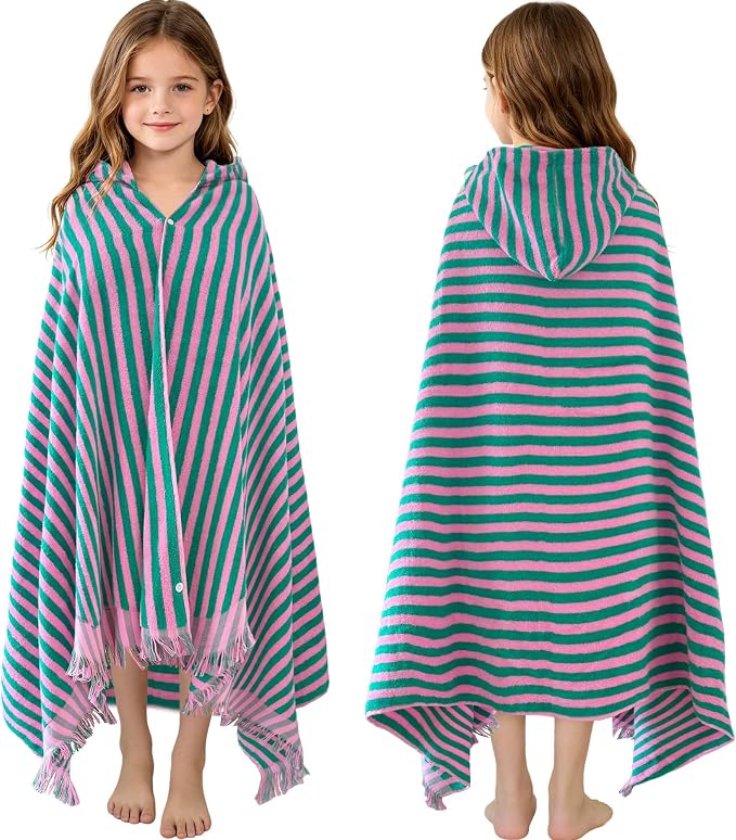 VOOVA & MOVAS Hooded Bath Towels for Teens/Big Kids (8Years Up) | Soft Absorbent 100% Cotton Thick Towel Wrap | Versatile Beach, Pool, Swim & Bath Cover-Up | Pink Green