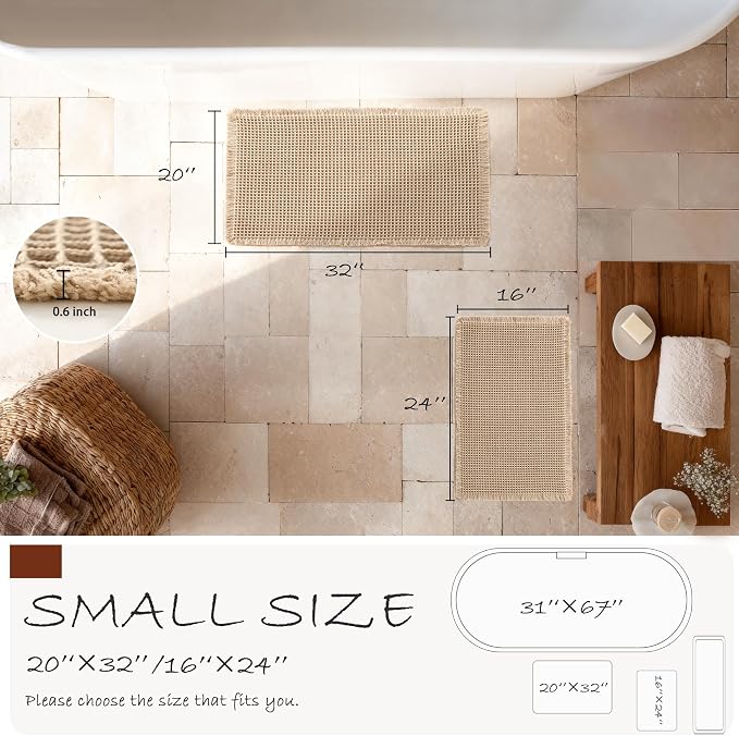 DWCN Waffle Bathroom Mat Set, Super Absorbent Non Slip Bath Rugs Set for Bathroom Floor, Shower Mats 2 Pcs for Tub, Washable Kitchen Rugs for Farmhouse Boho Home Decor, 24"x16"Plus 32"x20", Brown