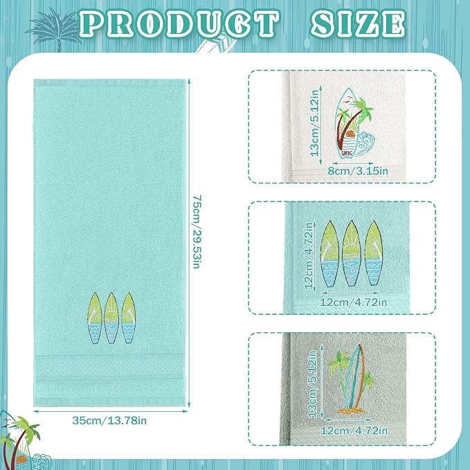 Hahafelt 3 Pack Summer Surfboard Hand Towels for Bathroom 100% Cotton Embroidered Beach Bathroom Towels 13.78 x 29.53 Inch Soft Absorbent (Green Series, Surfboard)