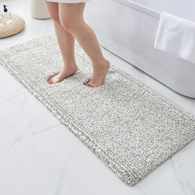 ILANGO Grey and White Bathroom Rugs 60" × 24" Non Slip & Super Absorbent Thick Soft, Washable Bath Carpet Runner for Floor, Microfiber Plush Shaggy Bath Mats for Bedroom Bathtub Shower Room