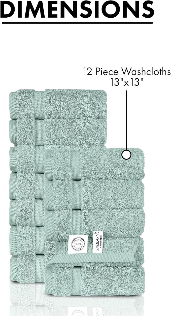 SALBAKOS 100% Turkish Cotton Washcloth Set of 12 13x13 inch | Heirloom Quality | Hotel & Spa Collection | Ultra Soft, Super Absorbent, Washcloth Towels | Made in Turkey (Seafoam Green, 12 Washcloths)