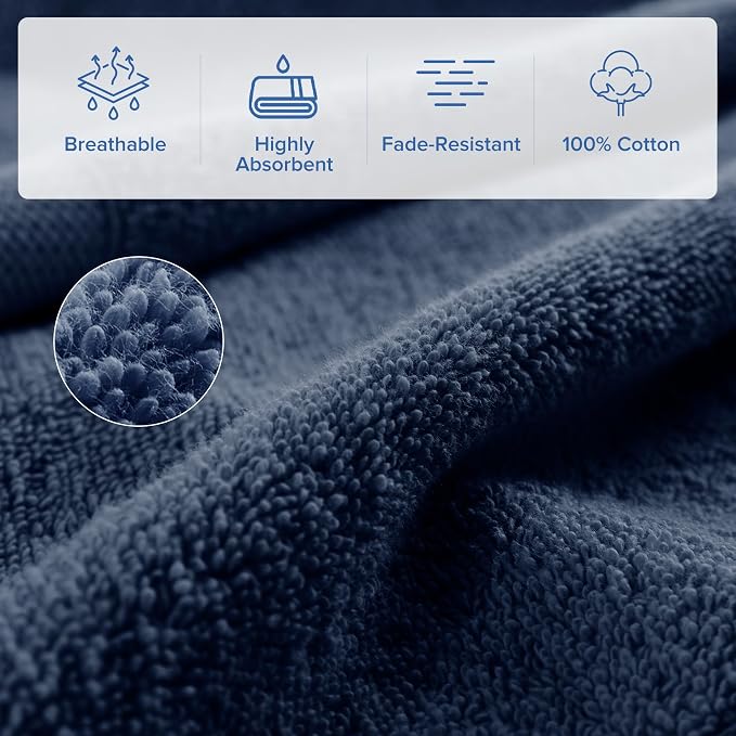 Comfort Spaces Turkish Bath Towel Set of 4 Piece 27x54 Medium 100% Cotton Towels Highly Absorbent Soft Quick Dry Shower for Bathroom Spa Navy Blue