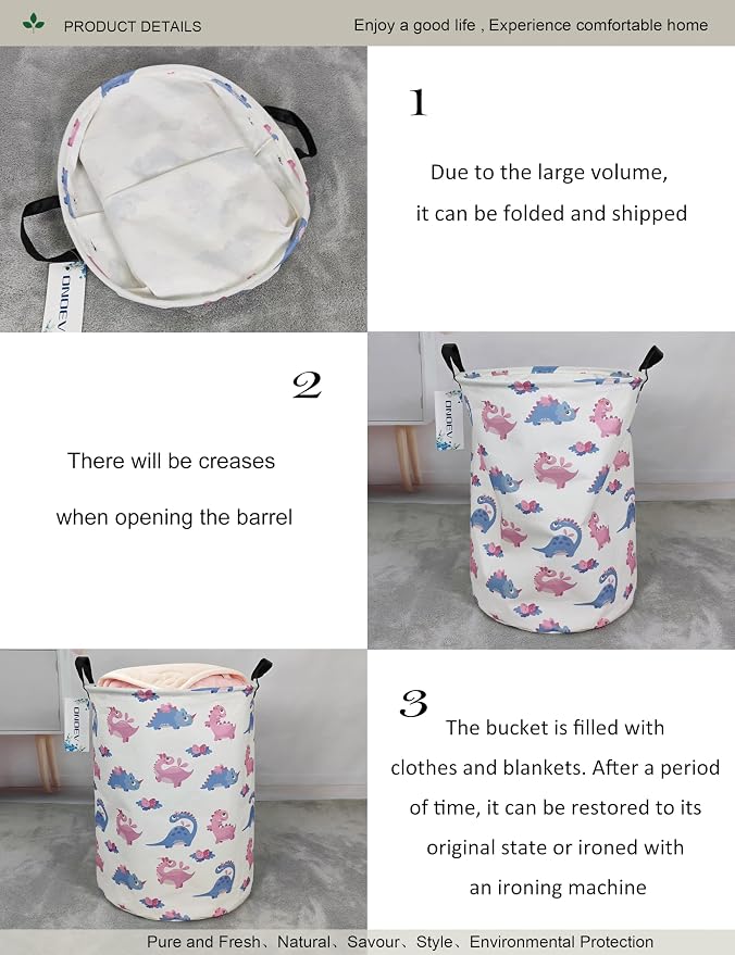 Round Pink Dinosaur Laundry Hamper, Household Storage Bin | waterproof foldable canvas bin with sturdy grip handles, large capacity, tidy organizer for bath linens and kids garments