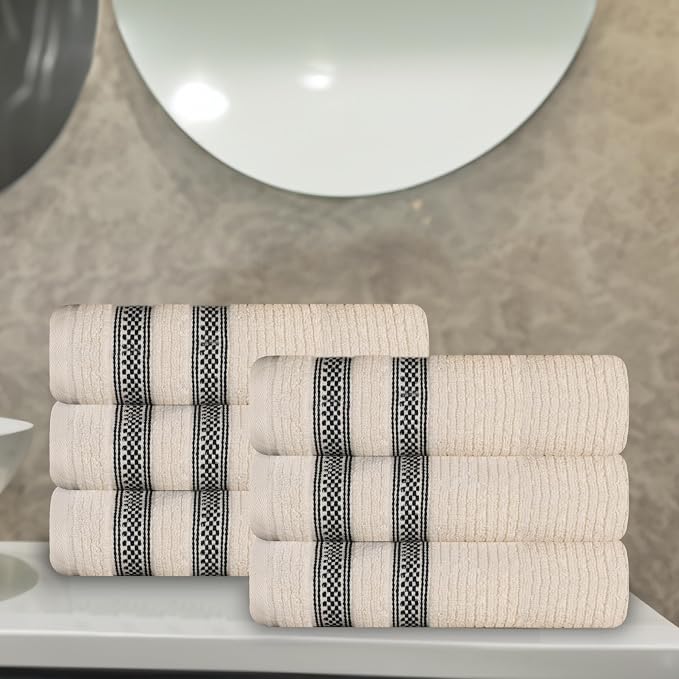Superior Cotton Hand Towel Set, Zero Twist, Ribbed Geometric, Small Towels, Plush Soft Absorbent Bathroom Basics, Home Essentials, Spa, Salon, Hotel, Kitchen, Luxury Quick Drying, Set of 6, Ivory