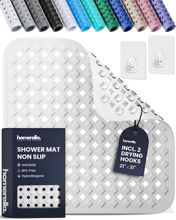 homerella® Shower Mat Non Slip Anti Mold, Non Slip Shower Mats for Inside Shower Stall Anti Slip Mat, Square Shower Floor Mat 21 x 21 in with Suction Cups & Hooks for Quick Drying, Machine Washable