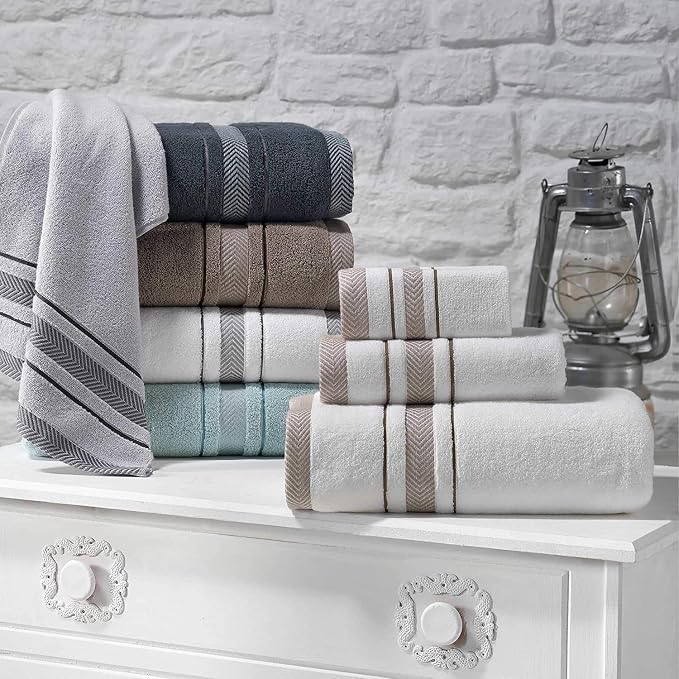 Bath Towels Set for Bathroom – Luxury 6-Piece Cotton Towels, Soft Absorbent & Quick Dry, 600 GSM Bath Towels for Bathroom, Hotel Spa Quality (2 Bath, 2 Hand, 2 Washcloths, White Brown Stripe)
