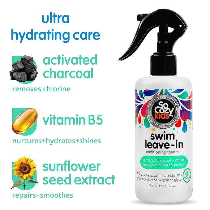 SoCozy Swim 2-in-1 Leave In Conditioner Spray & Treatment for Kids Hair (8 Fl Oz, Pack Of 2) Protects & Repairs Pool, Sun & Salt Damaged Hair, Activated Charcoal, Vitamin B5 & Sunflower Seed Extract