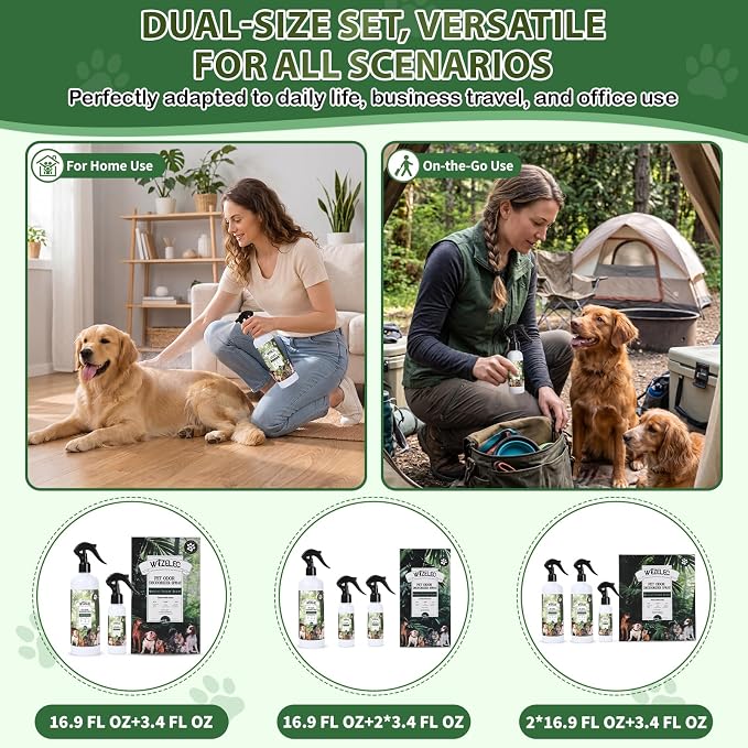 Pet Odor Deodorizer Spray,16.9 Fl Oz & Two 3.4 Fl Oz Mini Bottles - Dog Deodorizing Spray Natural Forest Scent Pet Odor Neutralizer for Smelly Dogs for Home Pets Potty Furniture