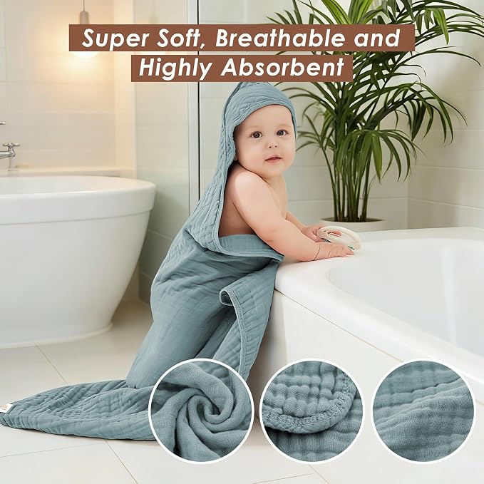 Ease Cubs 3-Pack Muslin Hooded Baby Towels, 100% Cotton, Ultra-Soft & Absorbent Baby Bath Towels with Hood for Babies, Infant, Toddler and Newbron (Grey, Green and Slate,32" x 32")