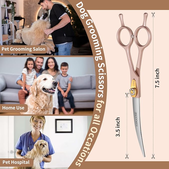 Professional Curved Dog Grooming Scissors 7.5'' 440C Stainless Steel Pet Cutting Shears Safety Trimming Shearing for Dogs Cats (Rose Gold, Curved Shear)