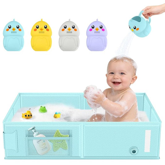 Collapsible Baby Bathtub, Foldable Toddler Bath Tub with Chick Pattern Bath Rinse Cup, No Assembly Portable Travel Bathtub for 6M-5Y, Ideal for Shower, Travel Essentials & Baby Registry Gift