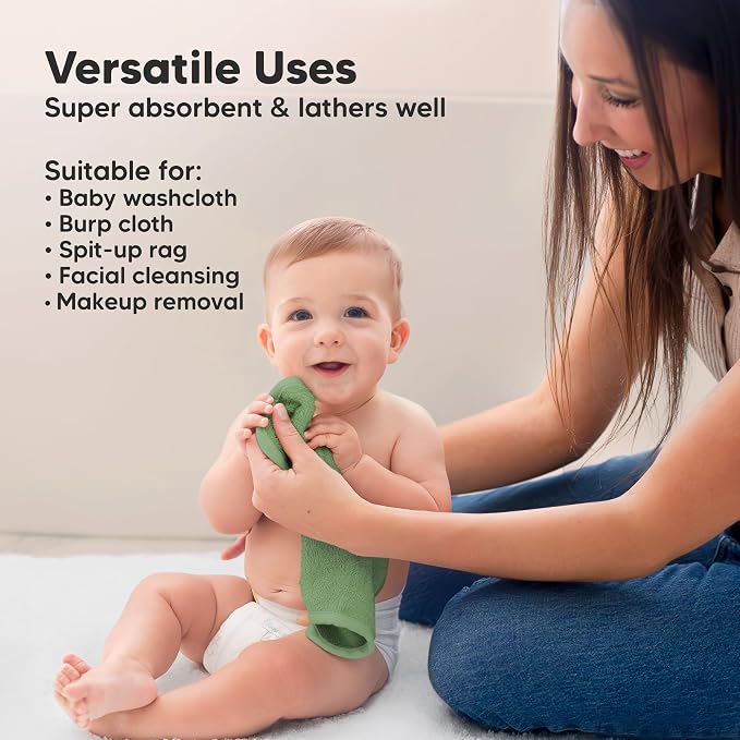 6-Pack Baby Washcloths, Soft Absorbent Washcloths for Face, Body (Verde) | Viscose from Bamboo Washcloths, Baby Towels, Newborn, Kids, Toddlers, Infant, Gentle on Sensitive Skin, 10x10, Reusable