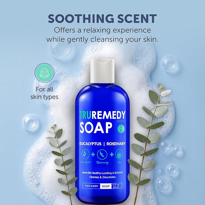 Truremedy Naturals Eucalyptus Rosemary Body Wash - Refreshing & Hydrating Shower Gel for Men and Women – Plant-Based Cleanser - Organic Eucalyptus, Rosemary, Jojoba, Aloe - 12oz