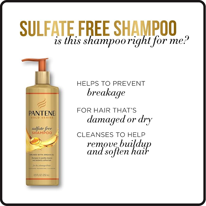Pantene Gold Series Argan Oil from ProV for Natural and Curly Textured Hair, Sulfate Free Shampoo, 8.5 Fl Oz