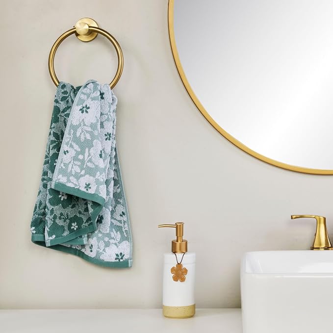 SKL Home Floral Jacquard 100% Cotton 2pc Hand Towel Set, Reversible & Decorative for Bath/Kitchen/Bar & Gift, Moss Green