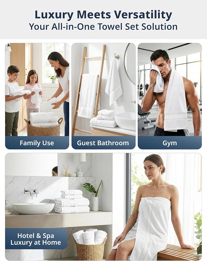 LANE LINEN 100% Mercerized Cotton Bath Towels Set of 12 – Zero Twist, 4 Bath, 4 Hand Towel & 4 Washcloths, Soft, Ideal for Spa Hotel & Home, Durable After Multiple Washes – White Towels