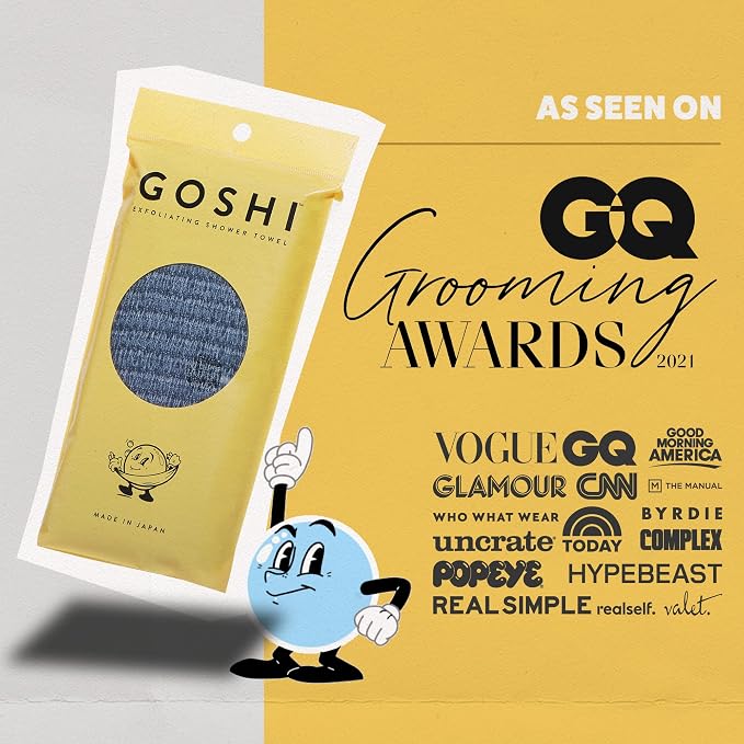 GOSHI Exfoliating Shower Towel - Long Body Scrubber for Back Acne, KP & Smooth Skin - Durable Rip-Resistant Weave, Quick-Dry Nylon Washcloth - Ethically Crafted in Gunma, Japan - Grey