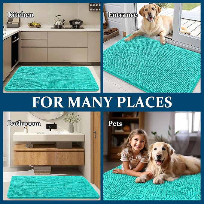 OLANLY Dog Door Mat for Muddy Paws 24x16, Absorbs Moisture and Dirt, Absorbent Non-Slip Washable Doormat, Quick Dry Chenille Mud Mat for Dogs, Entry Indoor Entryway Carpet for Inside Floor, Teal