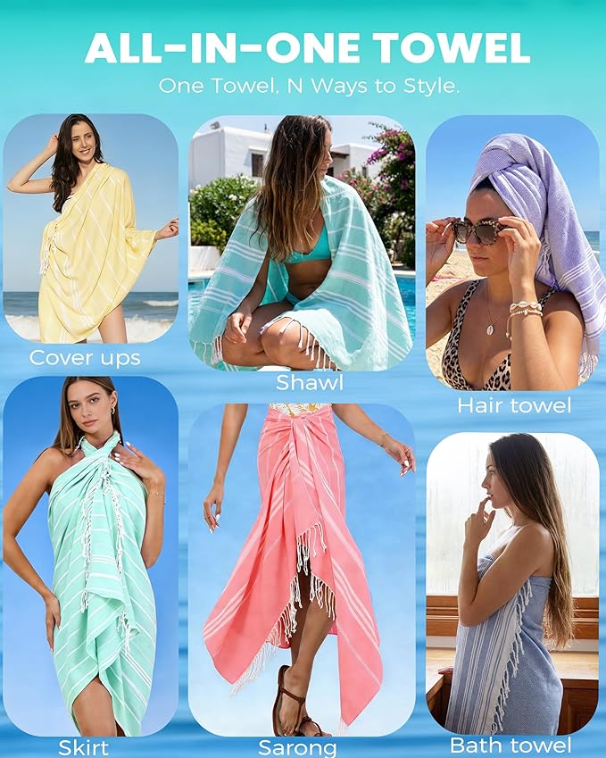 12 Pack Turkish Beach Towels Quick Dry Sand Free Soft Absorbent Extra Large Big Blanket Adult Oversized Bath Pool Swim Towel Lightweight Thin Fast Drying Compact No Sand Packable Vacation Essentials