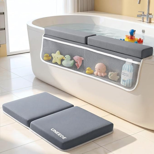UNEEDE Baby Bath Kneeler & Elbow Pad Set, 1.5" Thick Memory Foam Bath Mat | Kneeling Pad with Elbow Support and Bath Toy Storage Bag, Bathtub Mat with Toy Organizer for Bathing Infant or Toddler, Greye