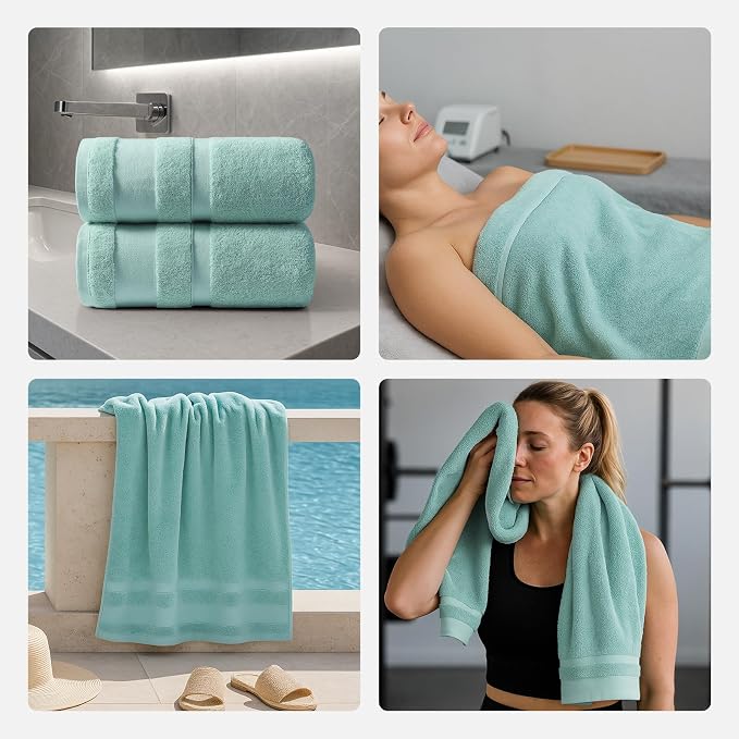 REDKISS 100% Cotton Bath Towels Set of 2, Oversized Bath Sheets 35 x 70 Inches, Soft & Absorbent Large Bathroom Towels, Quick Dry Cotton Towels for Bathroom, Gym, Spa, Pool & Family Use, Blue