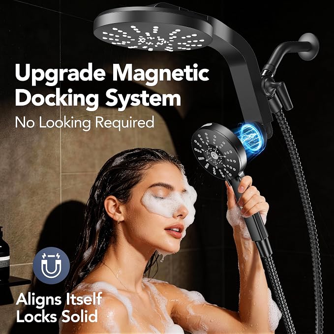 High Pressure Rain Showerhead Combo, 2026 Magnetic Shower Head Set with Detachable 8-Mode Handheld Shower Spray, Adjustable Angle Dual Showerhead with Built-in Magnetic Docking and Power Jets, ‎Black