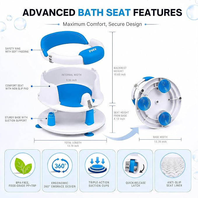 PMV Baby Bath Seat for Sitting Babies, Non-Slip Baby Bath Chair with 3 Suction Cups, Safe & Comfortable Toddler Bath Support Seat for Bath/Shower Use, Stable Design, Gray (6–24 Months) (Blue)