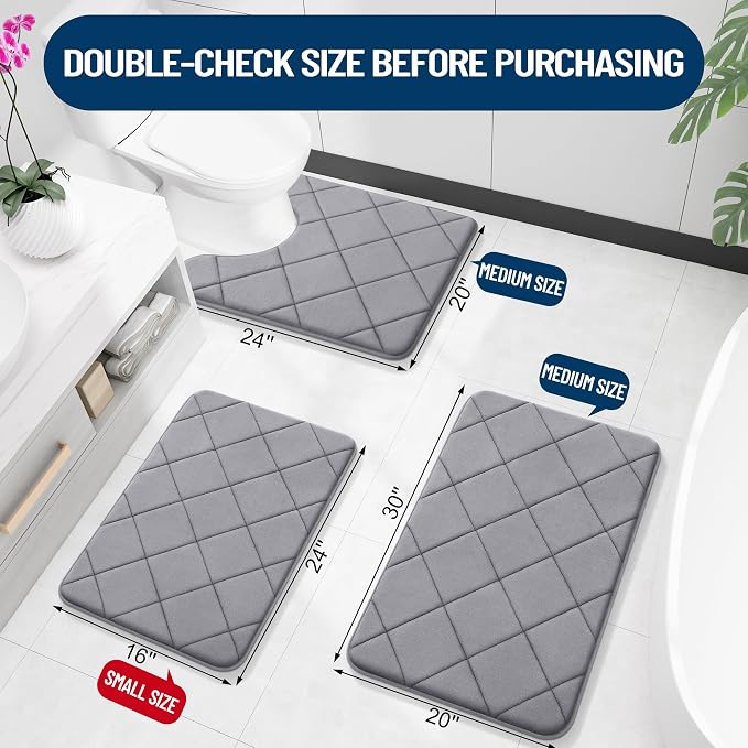 OLANLY Memory Foam Bath Mat 24x16, Ultra Soft and Absorbent Bathroom Rugs, Machine Washable, Comfortable Bath Carpet for Bathroom Floor, Tub and Shower, Medium Grey