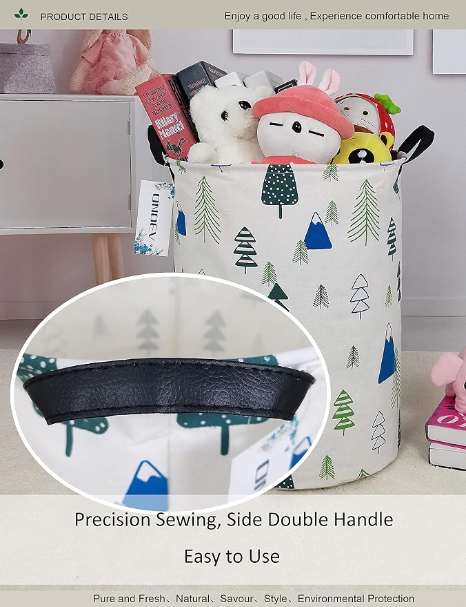 Round Forest Laundry Hamper, Household Storage Bin | waterproof foldable canvas bin with sturdy grip handles, large capacity, tidy organizer for bath linens and kids garments