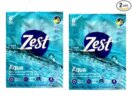 Zest Aqua Pure Cleansing Bar Soap 20% More Moisture 8 Count Pack of 2