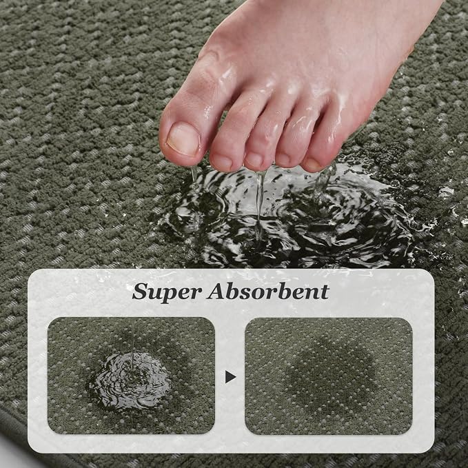 AMOAMI Thin Bath Mat, Super Absorbent Bath Mats for Bathroom, Quick Dry Rubber Backed Bath Rug Non Slip, Chenille Surface Thin Bathroom Rugs Fit Under Door,Low Pile Shower Rug,Green,20" x 32"