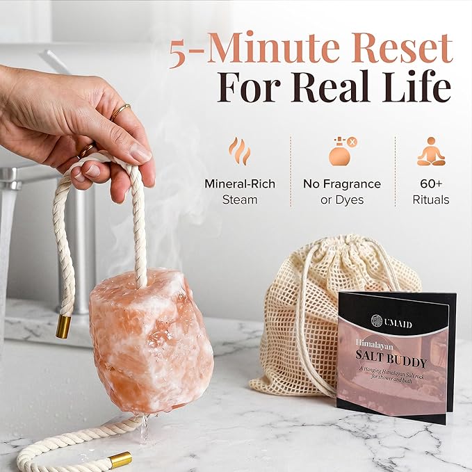 UMAID Himalayan Pink Salt Rock for Shower & Bath – Salt Buddy® 2 lb Hanging Mineral Stone for Spa-Inspired Relaxation, Self-Care & Bath Soaks, Unique Wellness & Home Spa Gifts for Men & Women
