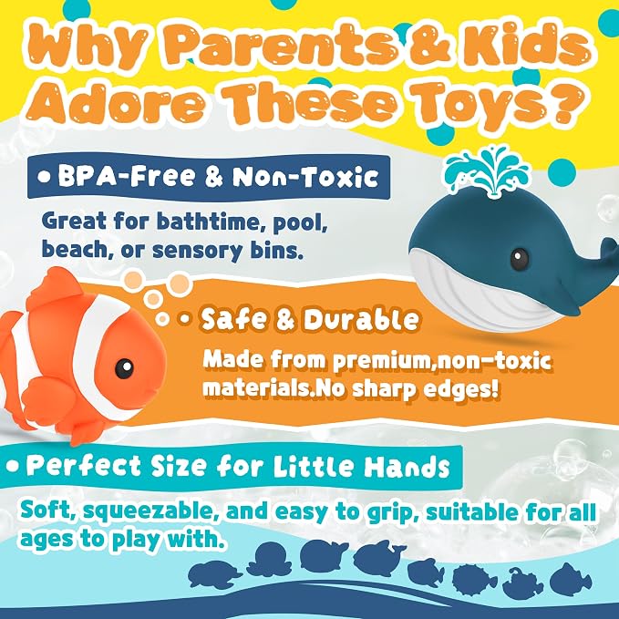 Zippytots 8 PCS Ocean Animal Bath Toys Mold Free Infant Bath Tub Toys for 12 Months - No Hole Bathtub Toys for Toddlers 1-3 Water Pool Toys for Baby Toddler Ages 1+