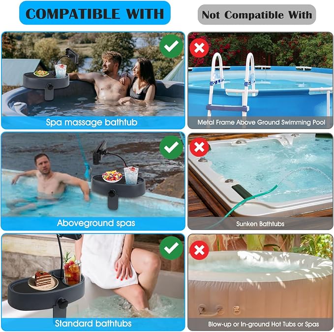 Hot Tub Table Tray with Adjustable Phone Holder, Nonslip Bathtub Table Tray, Between 2.4-7.4" Hot Tub Accessories for Adults with 2 Cup Holders, Clip-on Pool Side Table for Above Ground Bathtub (Gray)