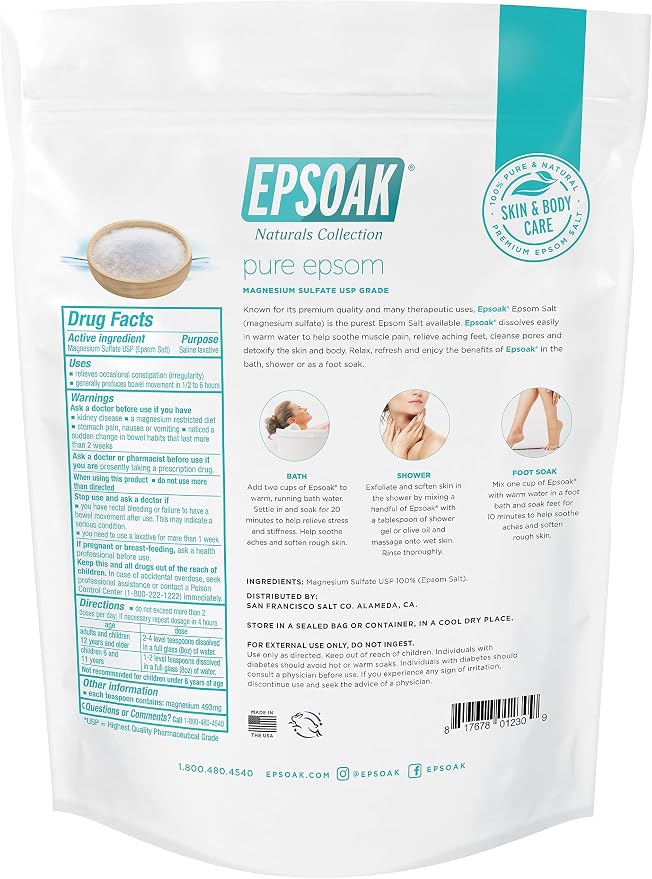 Epsoak Epsom Salt 4 lb. Magnesium Sulfate USP. (Qty. 2 x 2 lb. Bags) Resealable Epsom Salt Bag Unscented, Made in The USA, Cruelty-Free Certified