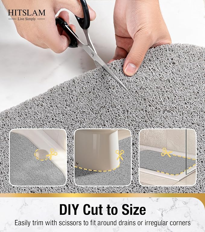 HITSLAM Oval Loofah Shower Mat Non Slip, 27x16 Inch, Grey | Bath Mat for Textured Tub & Inside Shower Stall, No Suction Cups Quick Drying PVC Porous Floor Mat, Soft Foot Exfoliating