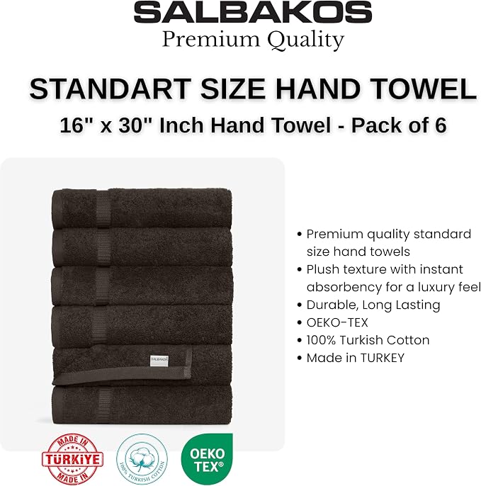 SALBAKOS 100% Turkish Cotton Hand Towel Set of 6 16x30 inch | Premium Quality | Hotel & Spa Collection | Soft, Super Absorbent, Long Lasting Hand Towels | Made in Turkey (Chocolate, 6 Hand Towels)