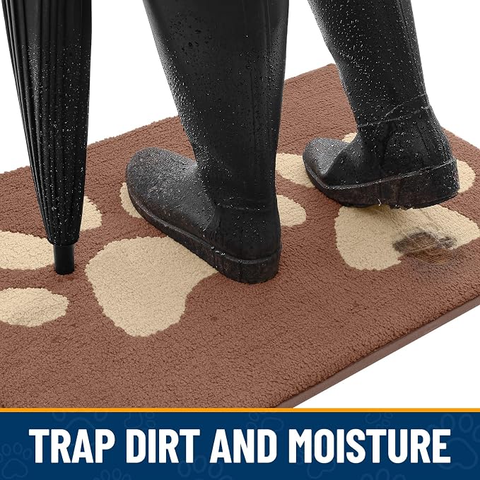 Smiry Dog Door Mat for Muddy Paws, Absorbs Moisture and Dirt, Low-Profile Entryway Mat with Non-Slip Backing, Entry Indoor Outdoor Doormat for Inside Floor (48x30 Inches, Camel, Paw)