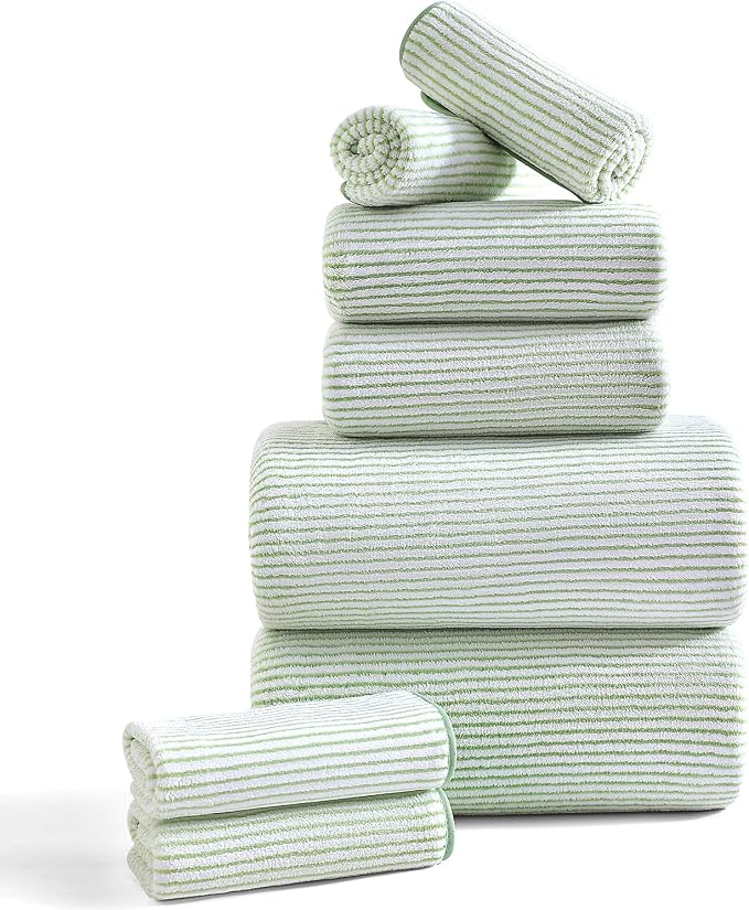 8-Piece Premium Towel Set for Bathroom|2 Oversized Large Bath Sheet,2 Hand Towels,4 Washcloths|Soft Cozy Highly Absorbent Fast Dry Microfiber Shower Towel Set for Hotel Bathroom Essentials,Green White