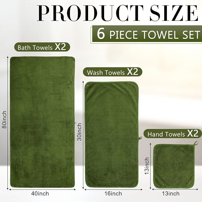 Set of 6 Oversized Bath Towel 40 x 80 Inches Jumbo Bath Sheet Absorbent Microfibers Quick Dry Towel Set with 2 Extra Large Shower Towels 2 Hand Towels 2 Washcloths for Bathroom Spa Gym(Olive Green)