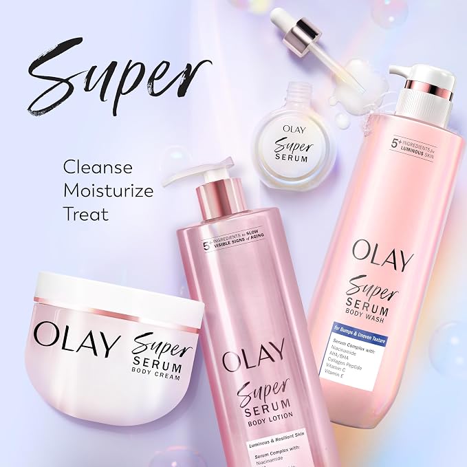 Olay Super Serum Body Wash for Rough & Bumpy Skin, 24hr Long Lasting Rich Hydration, 5+ Ingredient Complex for Bright, Even, Firm, & Luminous Skin, with Collagen Peptide, BHA/AHA & Vitamin C, 20 fl oz