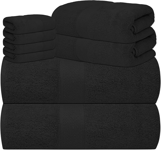 Luxury 8 Piece Set, 2 Bath Towels 2 Hand Towels 4 Washcloths, 100% Cotton Towels for Bathroom, Home, Spa, Hotel & Gym – Ultra Soft, Highly Absorbent, Quick Dry (Black)