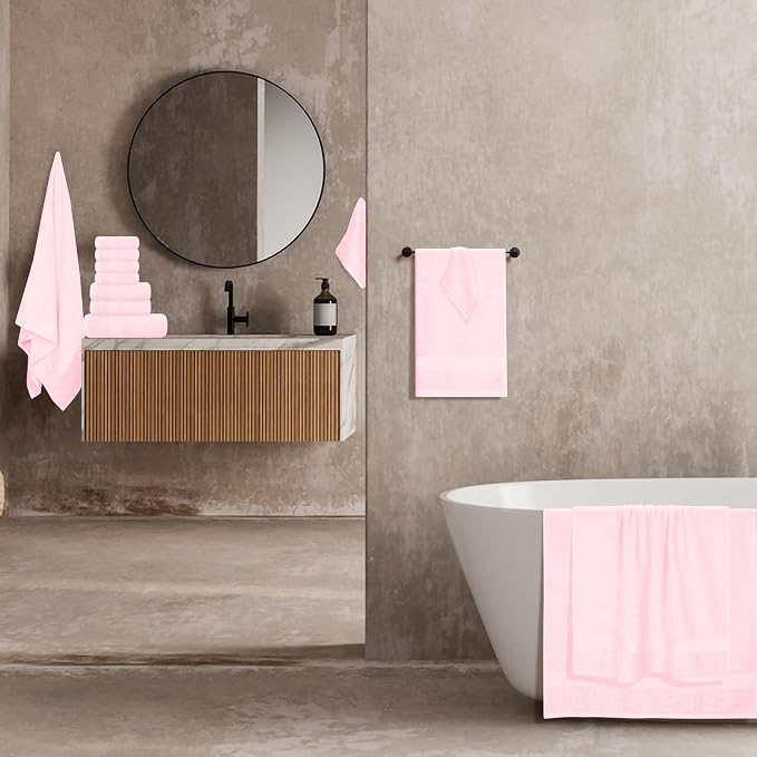 BOUTIQUO 24 Pack Cotton Towel Set, Contains 6 Bath Towels 27x54 inch, 6 Hand Towels 16x24 inch & 12 Wash Coths 12x12 inch, Ideal Everyday use, Ultra Soft Compact & Lightweight - Pink
