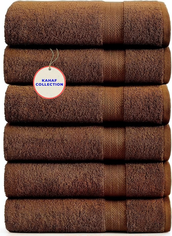 KAHAF COLLECTION 100% Cotton Bath Towels, 24x48 Pack of 6 Towels, Quick Dry, Highly Absorbent, Soft Feel Towel, Gym, Spa, Bathroom, Shower, Pool, Luxury Soft Towels (Brown, 24x48-6 Pack)