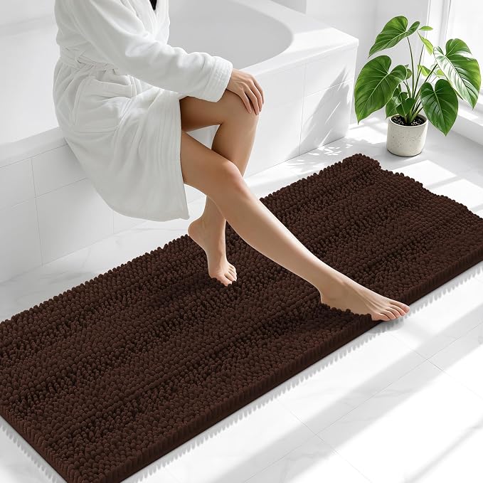Smiry Thick Chenille Bathroom Runner Rugs 59x20, Absorbent Striped Bath Mat, Machine Washable, Rubber Backing, Extra Long Bath Rugs for Tub & Shower, Modern Home Decor Accessories, Brown