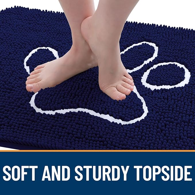 OLANLY Dog Door Mat for Muddy Paws 70x32, Paw Print Design, Absorbs Moisture and Dirt, Absorbent Non-Slip Washable Doormat, Quick Dry Chenille Mud Mat for Dogs, Entry Indoor Entryway Carpet, Navy Blue
