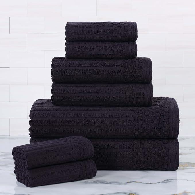 Superior Cotton 8-Piece Solid and Ribbed Towel Set, Face Towels 13” x 13”, Hand Towels 16” x 28”, Bath Towels 27” x 54”, Black