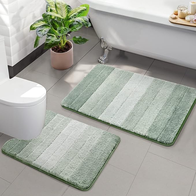 2 Piece Ombre Bath Mat Set for Bathroom, Non Slip Ultra Soft and Thick Water Absorbent Bath Carpet, Machine Washable & Quick Dry Bathroom Rug, for Bedroom Door Living Room Green