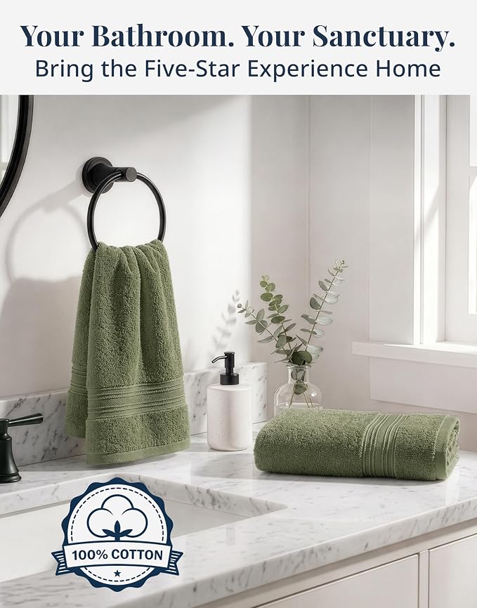 LANE LINEN Bath Hand Towels for Bathroom - 4 Pack (16" x 28"), 100% Cotton Hand & Face Towels Set - Soft, Prevent Fraying & Machine Washable - Everyday Family Towel, Gets Softer Each Wash - Oil Green