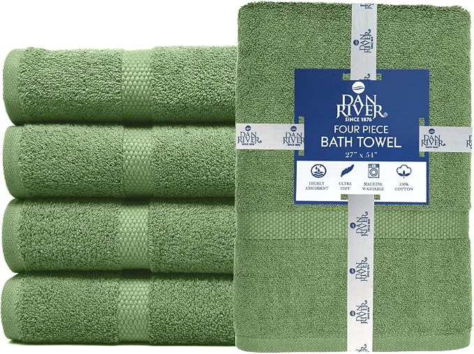DAN RIVER Large Bath Towels Set of 4, 27 x 54 Inches, 600 GSM Larger & Lighter Weight Towels for Bathroom - Highly Absorbent & Quick Dry 100% Cotton Bath Towel Set for Home, Spa & Hotel - Sage Green